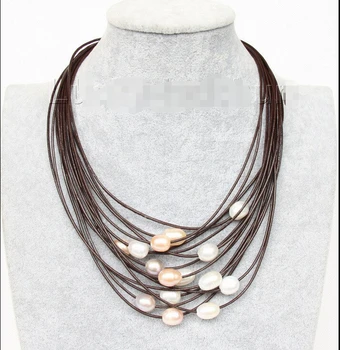 

FREE shipping> >>>17"-24" 13mm 15row white pink purple pearls wine red leather necklace j9635