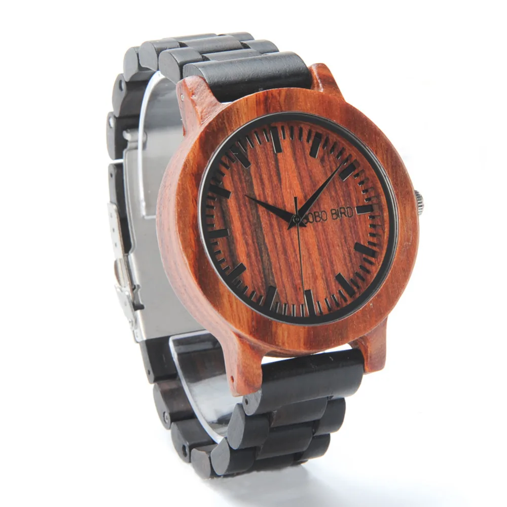 BOBO BIRD LM05 Men Red Sandalwood Dial Ebony Strap Vintage Style Watch Erkek Quartz Clock in Gift Box