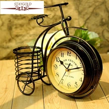 Wrought Iron Bicycle Table Clock Rural Double-sided Quiet Home Sitting Room Decorative Table Clocks Desk Home Decor 28*24*8cm