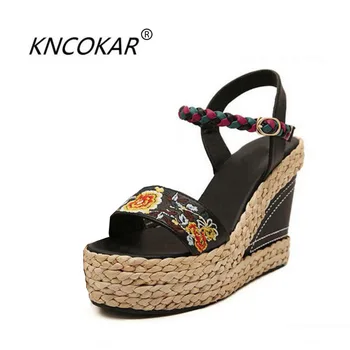 

KNCOKAR 2018 The new summer fashion sexy high and national style women's sandals embroidered with the real leather