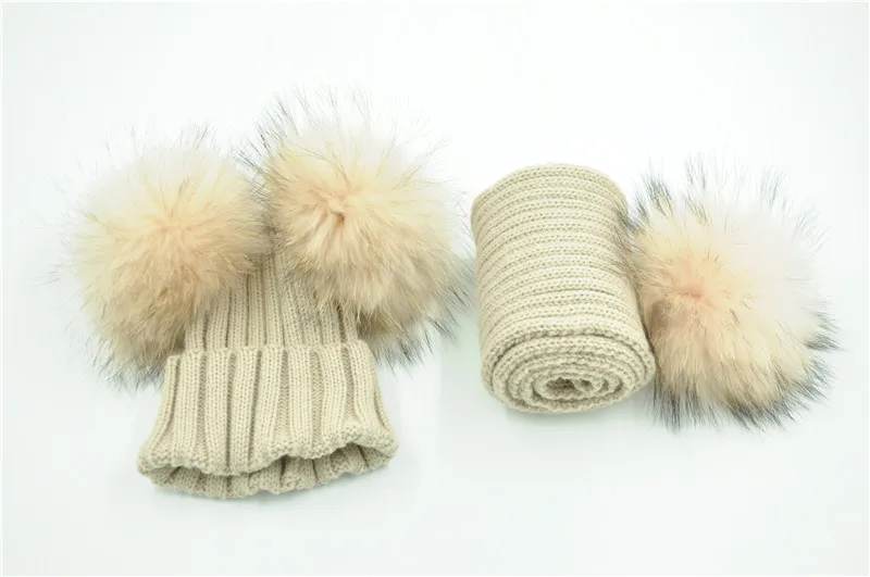 Bonnet et Écharpe Double Pom Pom de fourrure, Bonnets Enfants d'hiver