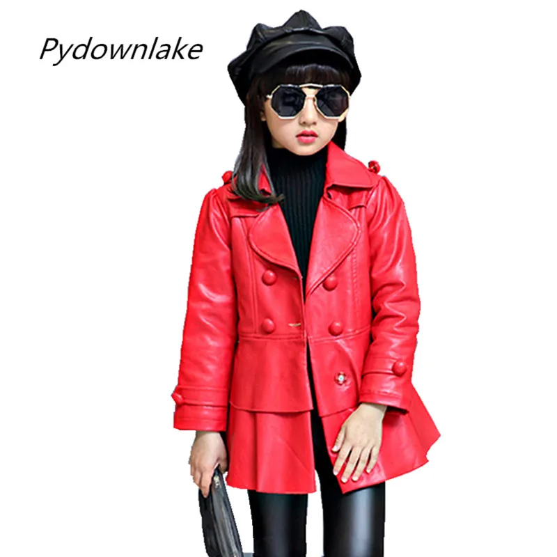 

2017 New Fashion Spring/Autumn Children Jacket PU leather Wind Coat Girls Trendy Coat For 5-12 year Casual Trench Clothing