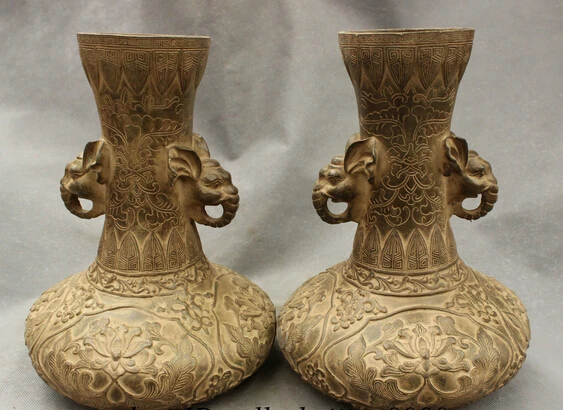 

shitou 002253 12" Royal Chinese Palace Bronze Copper Elephant head Statue Bottle Pot Vase Pair