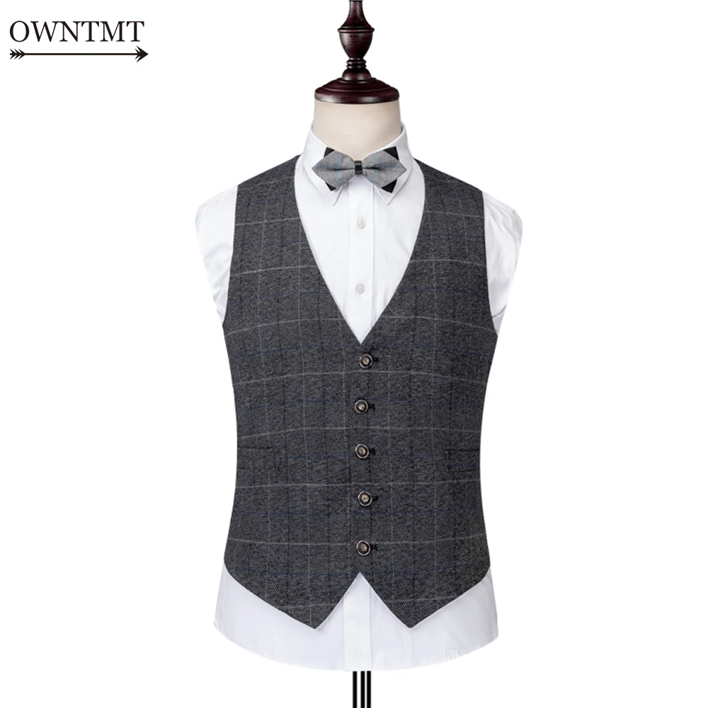 Grey Plaid Herringbone Tweed Vests Slim Men British Autumn Suit Vests Formal Sleeveless Suit