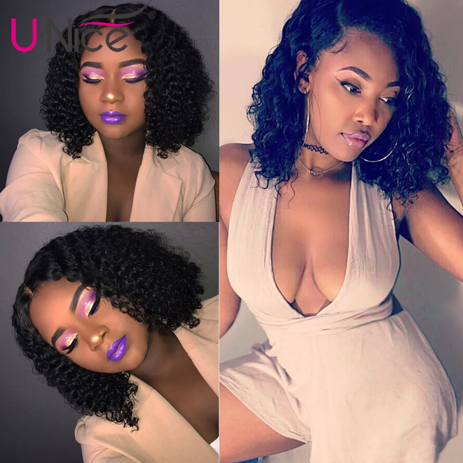 HTB1u6uQU4naK1RjSZFBq6AW7VXaf Unice Hair 13*4 Curly Lace Front Human Hair Wigs Brazilian Remy Hair Short Curly Bob Wigs For Black Women Pre-Plucked Wig
