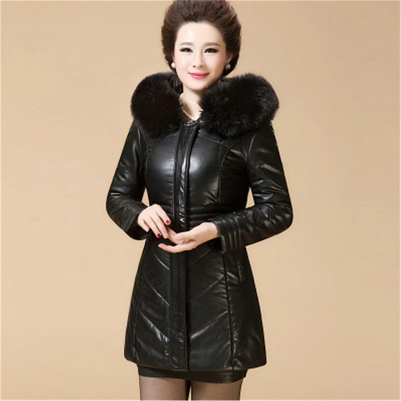 

2019 Winter Casual New Brand Women Warm Large Fur Collar Hooded Coat 6XL Plus Size Leather Thick Jacket Overcoat Parka XH415