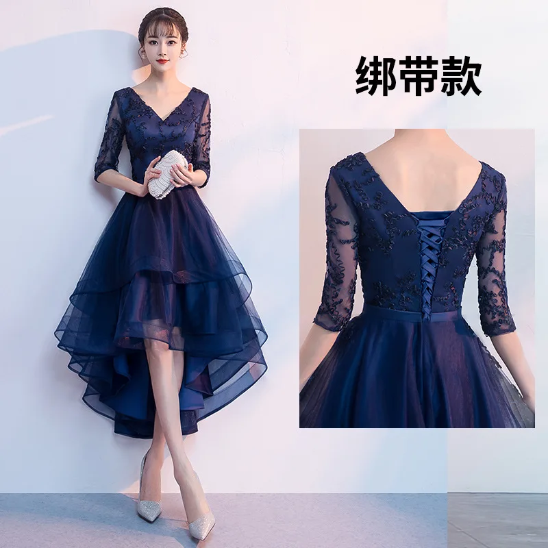 Темно-синий, пикантный Тонкий кружева двойной V образным вырезом с короткими рукавами китайское платье вечернее платье Женский Улучшенная