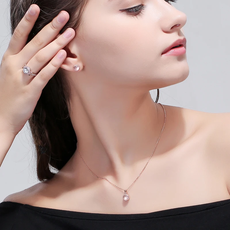 EDI Genuine 7mm Natural Gemstone Rose Quartz Crystal Jewelry Set 100% 925 Sterling Silver Pendant Stud Earrings For Women