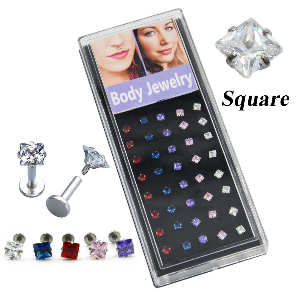 40pieces Square CZ Crystal Lip Piercing Jewelry Body Labret Stud Ear Helix Tragus Cartilage Internally Threaded Ring | Украшения и