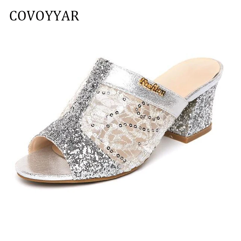 

COVOYYAR 2019 Glitter Mesh Women Sandals Summer Fashion Peep Toe Casual Slippers Thick Heel Women Shoes Slip On Big Sizes WSS791