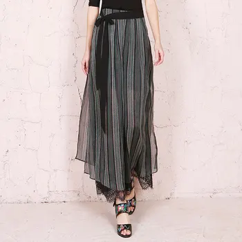 

2018 New Original Design Chinese National Style Printed and Lace Spliced Wide Leg Pants Loose Chiffon Trousers , Free size, A127
