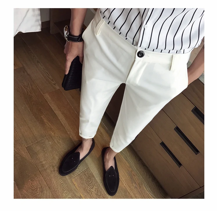 Летние повседневные брюки из хлопка, однотонные мужские брюки до щиколотки, облегающие брюки, модные мужские белые брюки