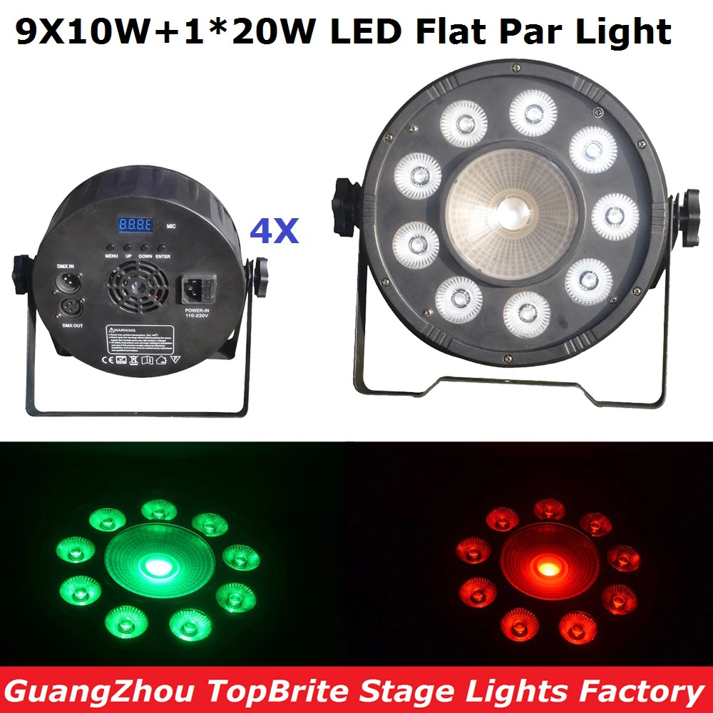 

Good Quality 4Pcs 9X10W+1X20W RGBW 4IN1 Led Flat Par Cans 120W High Power Stage Par Light Professional Stage Dj Disco Lights