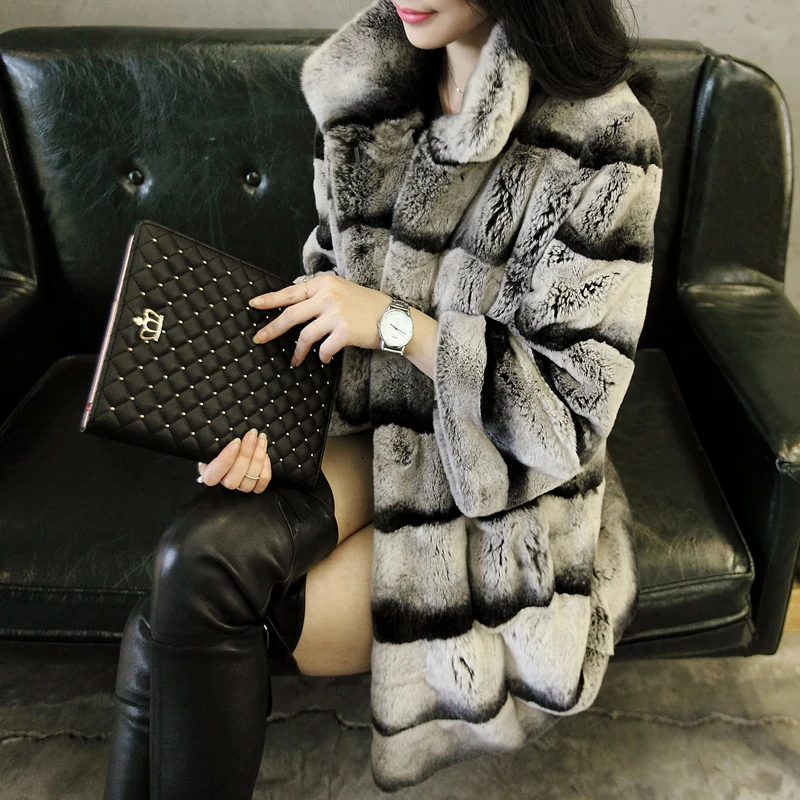 

2015 women's real chinchilla dyed rex rabbit fur coat