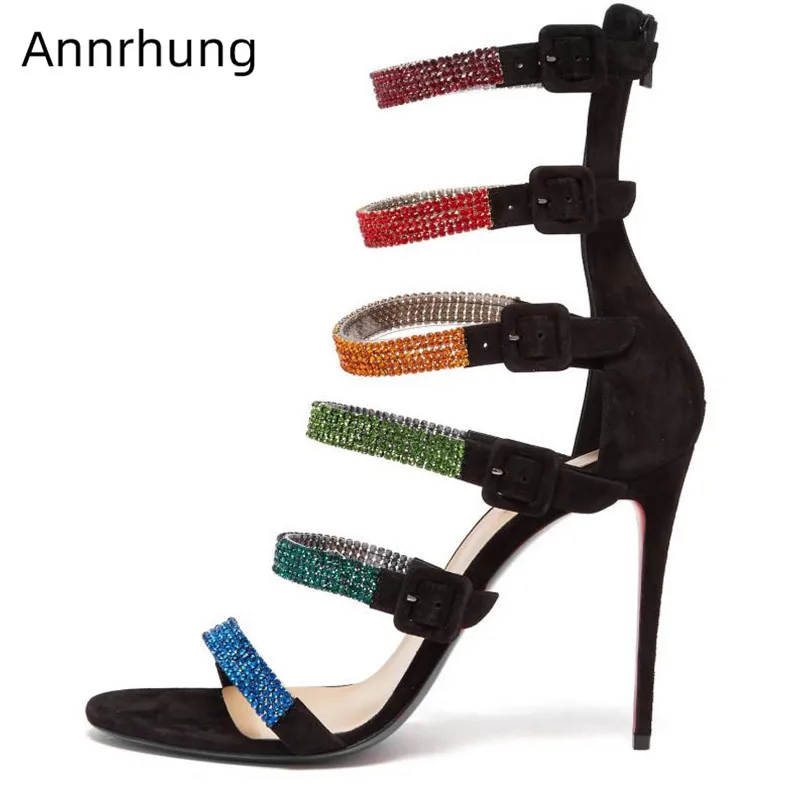 

Rainbow Rhinestone Narrow Band High Heels Sandals Women Sexy Buckle Straps Open Toe Suede Heels Fashion Catwalk Shoes Sandalias