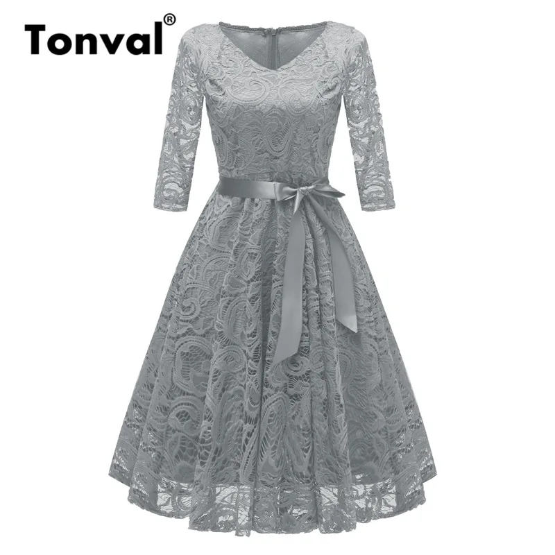 Tonval, винтажное темно-синее кружевное платье с цветочным рисунком, женские вечерние платья с поясом в стиле ретро, женское платье с рукавом 2/3