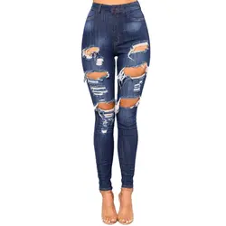 Модные рваные джинсы для женщин, средняя талия, тонкие джинсы, повседневные обтягивающие джинсы из хлопка с дырками, узкие джинсы