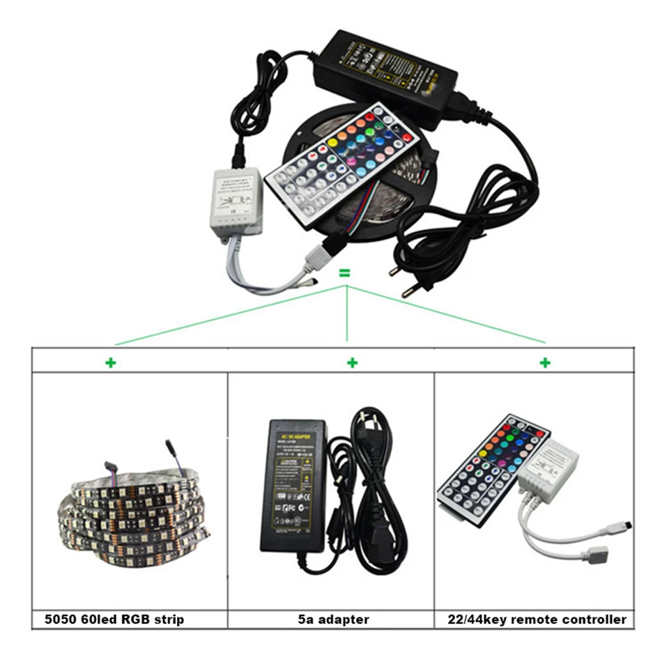black 60led 5050 rgb led strip 5m set with 5a adapter