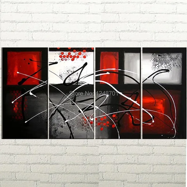 Peint à La Main 4 Pièces Groupe Moderne Peinture Abstraite Rouge