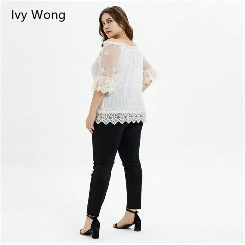 Ivy Wong женская летняя кружевная блузка сетка Patchworl прозрачные рукава Топы