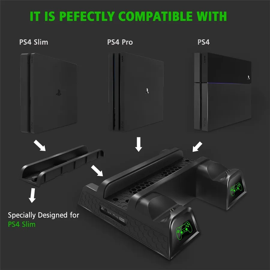 PS4 Slim Pro многофункциональная Вертикальная охлаждающая подставка кулер, PS4 Геймпад зарядное устройство с Светодиодный индикатор и дисковый накопитель