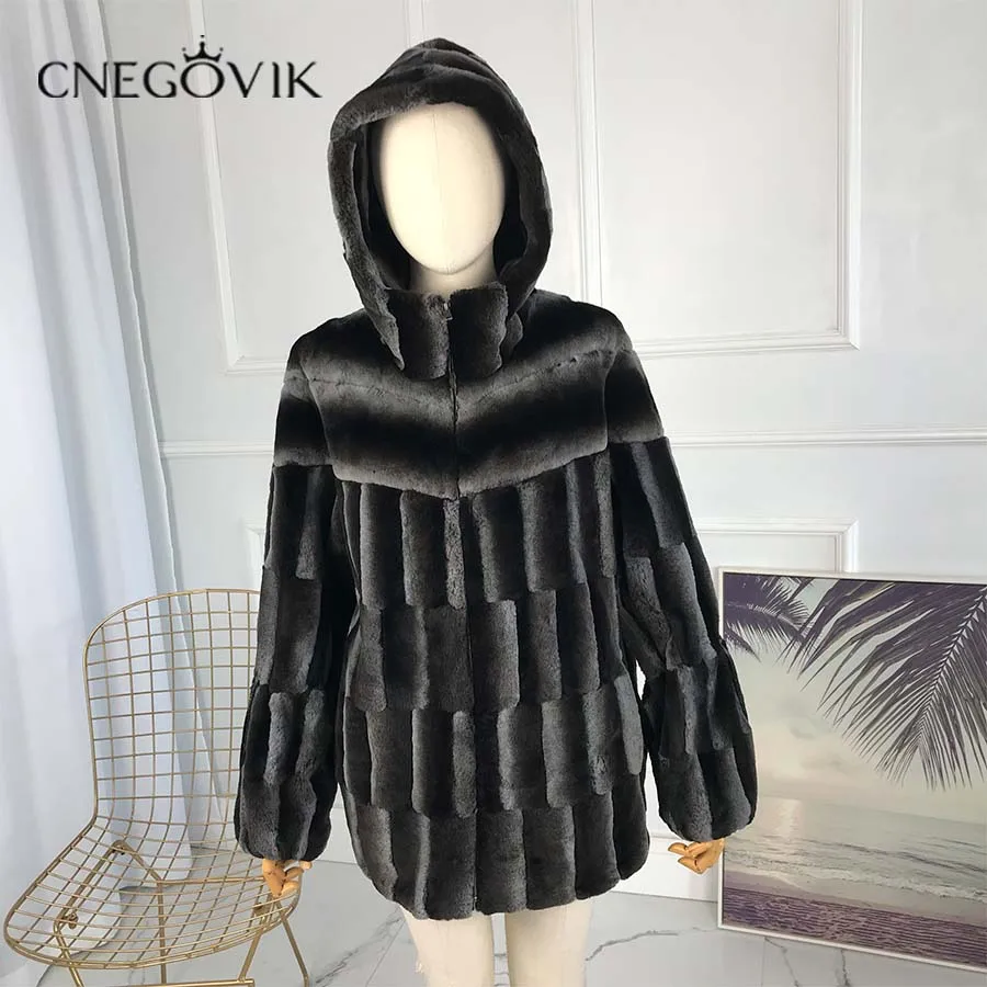 

Women Genuine Rabbit Fur Coats Female with hood midum-long style Natural Real Fur Coat hooded 2019 new Splicing patterns fashio