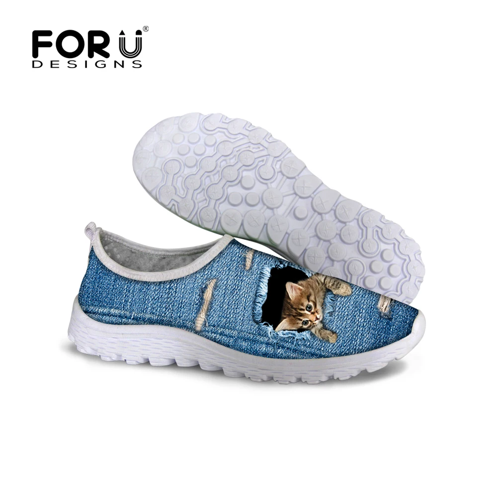 

FORUDESIGNS Fashion Women Summer Mesh Flat Shoes,Breathable Female Casual Light Weight Shoes 3D Denim Cat Beach Slip-On Flats