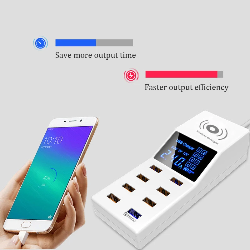 Quick Charge 3.0 Smart USB Charger Wireless Charger with 8 Ports LED Display Power Socket Adapter UK US EU Plug Desktop Charger