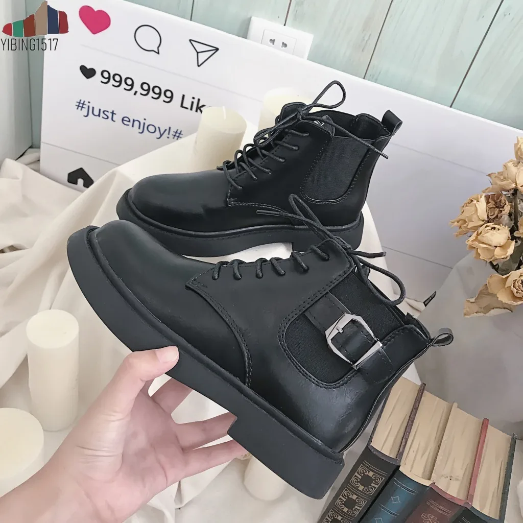 

YIBING1517 New Arrival Autumn Winter Ankle Boots Women Buckle Decoration 3.5cm Med Chunky Heels Boots Female Botas Mujer