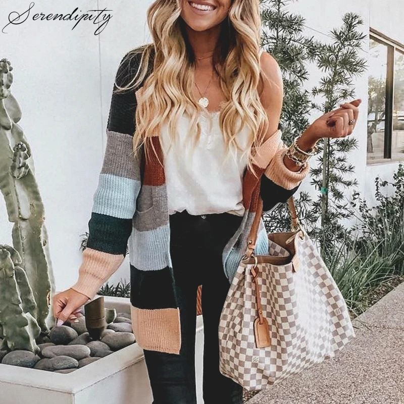 

SRDP Strip Patchwork Knitted Cardigans Women Winter 2019 Cardigan Casual Knitwear Pocket Harajuku Cardigans Plus Size