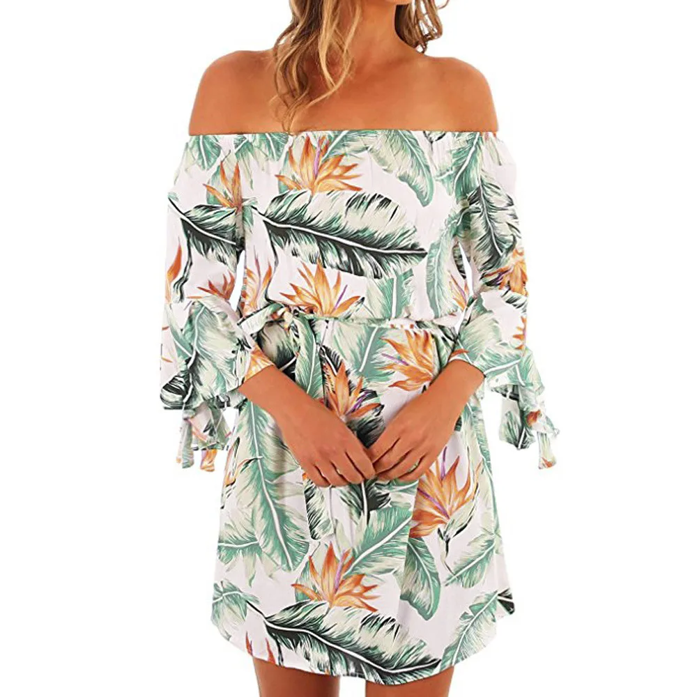

Shoulder Dress Green Leaf print vestidos Autumn Flare Sleeve Beach Vintage Dresses Boho Casual Belt Lace Up Tunic Dress #YL10