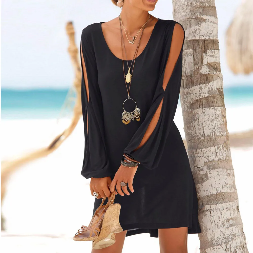 

Fashion Women Dress Casual O-Neck Hollow Out Long Sleeve Dress Summer Women Solid Beach Style Mini Dress Straight Dress
