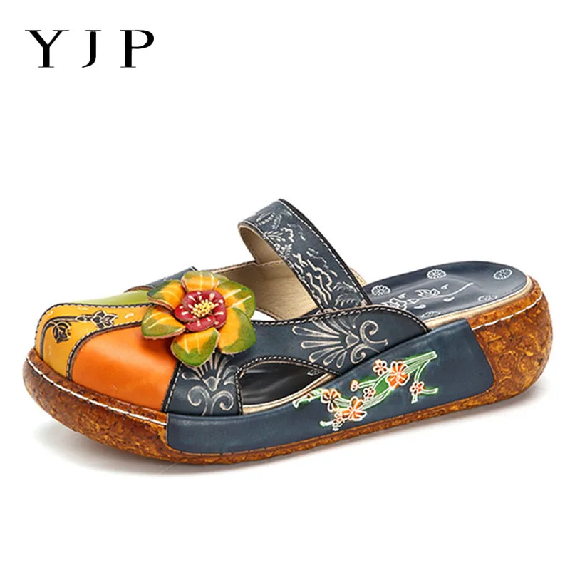

YJP Vintage Handmade Genuine Leather Slippers Women Shoes Spring Summer Outdoor Platform Slippers Beach Slides Flat Ladies Shoes