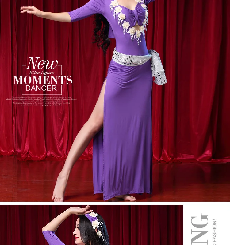 Новейший костюм для танца живота платье для танца живота+ пояс+ платок для женщин Одежда для танца живота 4 цвета M, L Q3080