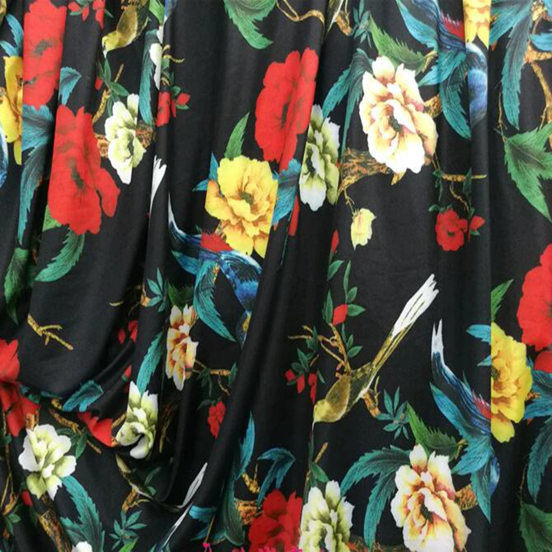 黑色底玫瑰花朵 小鸟 印花布料 拉丁舞服 泳衣3=800
