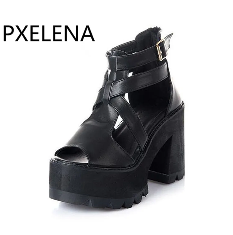 PXELENA/сандалии-гладиаторы в готическом стиле; женская летняя обувь; черные босоножки на высоком каблуке; обувь на платформе; женские босоножки на толстом каблуке