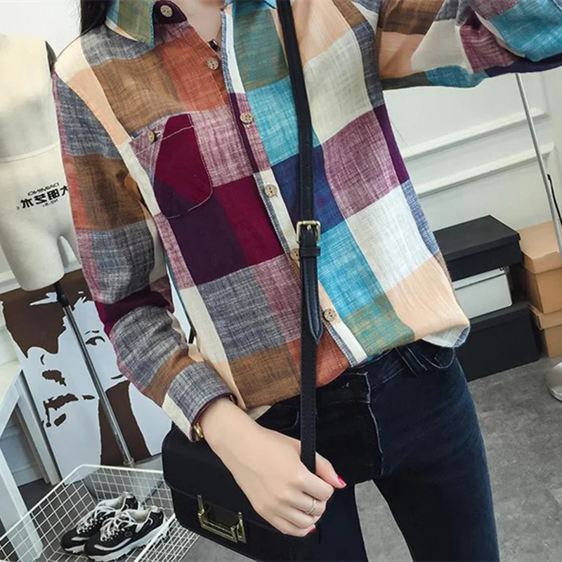 Manga Blusas Mujeres Larga 2016 Algodón Blusa Casual Venta Outerwear orange Caliente Plaid Tamaño Blue Plaid Mujer Slim Camisa Tops Chemise nxqxFR