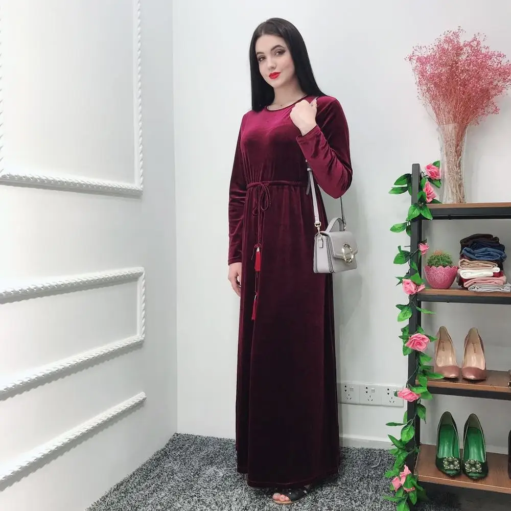 

Muslim velvet Maxi Dress Abaya Inner Full-length Long Robe Gowns Sashes Tunic Jilbab Jalabiya Middle East Ramadan Arab Islamic