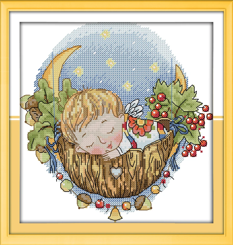 

The moon lullaby (boy) cross stitch kit 18ct 14ct 11ct count printed canvas stitching embroidery DIY handmade needlework