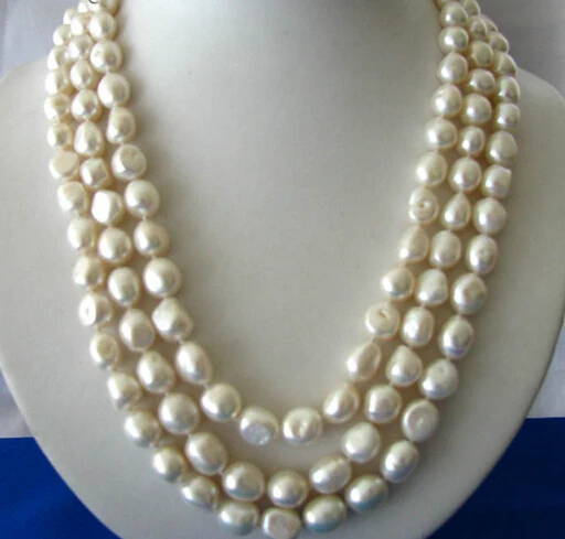 

Jewelr 006455 3strands 20"11mm baroque white freshwater pearl necklace shell flower clasp