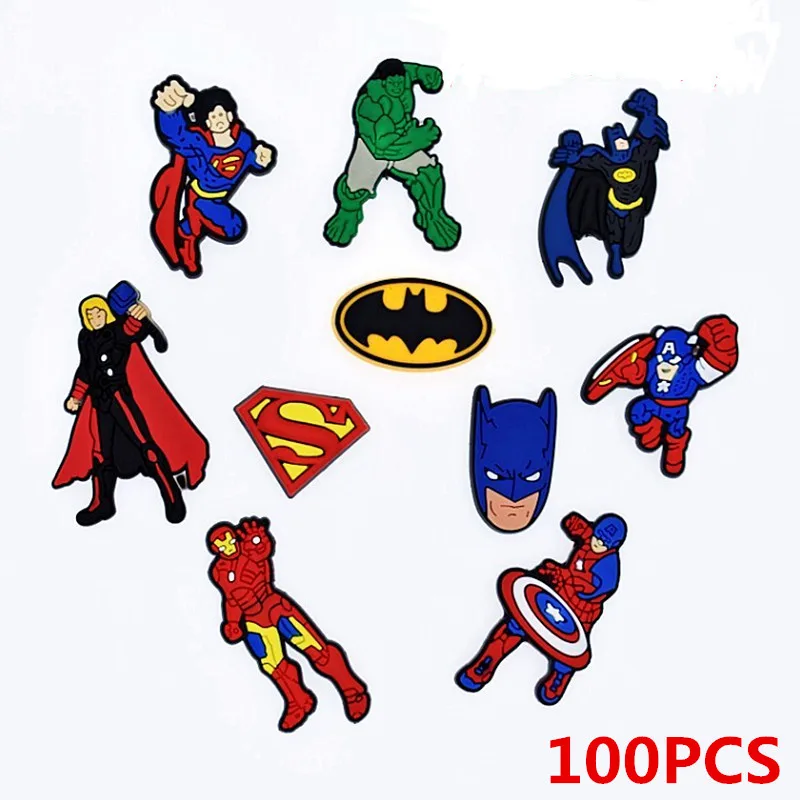

100Pcs The Avengers Batman Captain America Lovely Soft Deco Accessories Flat PVC DIY Gadgets Fit Bracelets,Shoe Charms Buttons