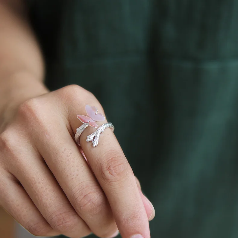 INATURE 925 пробы серебряный розовый белый корпус бабочка на ветке открытие палец кольца для женщин ювелирные изделия