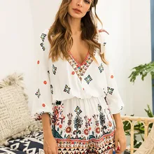 Женские костюмы с длинным рукавом в богемном стиле, повседневный шифоновый пляжный комбинезон с кисточками, летний сексуальный элегантный женский костюм с глубоким v-образным вырезом