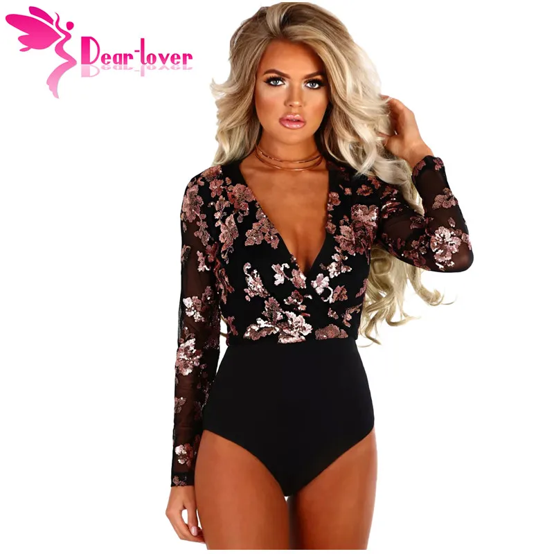 Dear Lover Spring 2018 Woman Bodysuits Sexy V-neck Gold Sequin Black Mesh Long Sleeve Top Macacao Body Feminino Jumpsuit LC32173