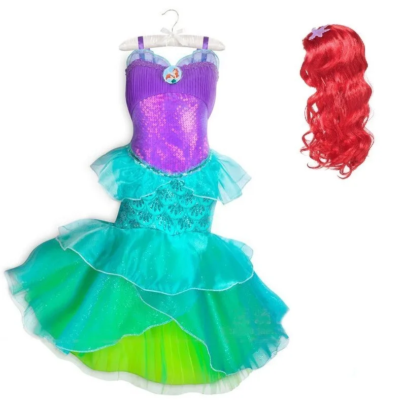 Платье принцессы с хвостом Русалочки Ариэль детский косплейный костюм для маленьких девочек Детский парик Fantasia, рождественские, новогодние, вечерние, на день рождения - Цвет: 500 wig B