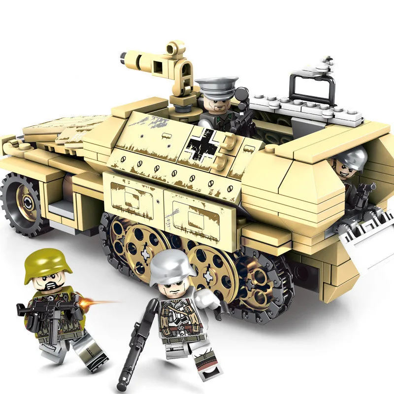 Günstig Kompatibel Legoing WW2 Deutsch Gepanzerte Fahrzeug Block Set Militär Weltkrieg Armee Modell Spielzeug Für Kinder 559 stücke Gepanzerte Auto