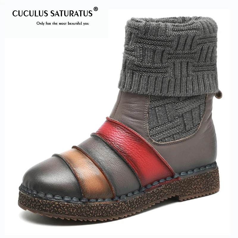 

Cuculus 2019 Folk high quality Handmade Genuine leather flat mid-calf boots women winter spring knitting wool fashion boots 1945