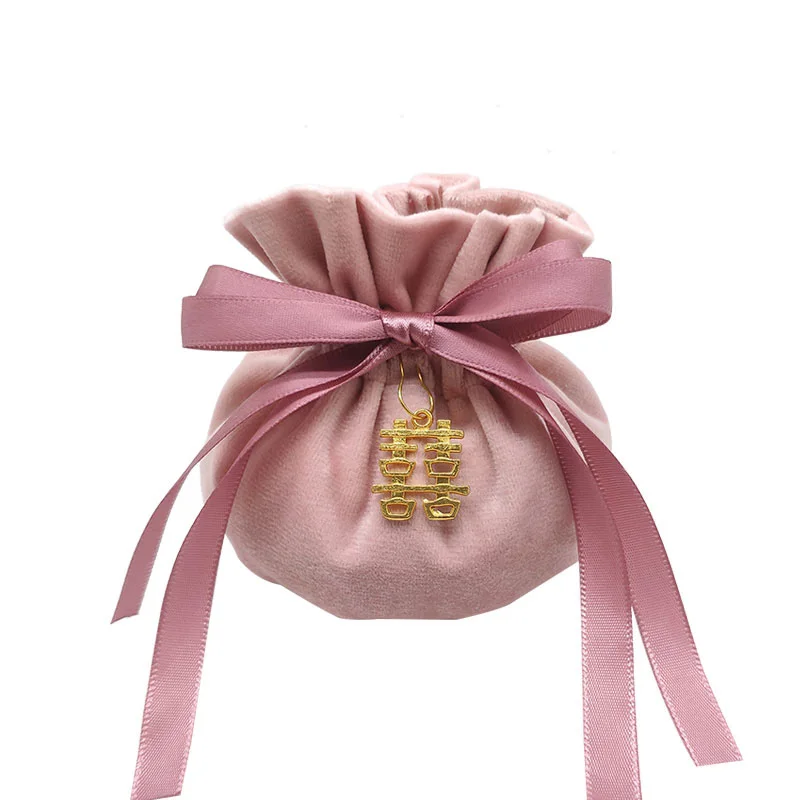 Розовый Красный Зеленый Синий Круглый низ с металлической лентой шнурок бархатные свадебные конфеты сумки бутик Gfit упаковка мешок 11x15c - Цвет: Pink