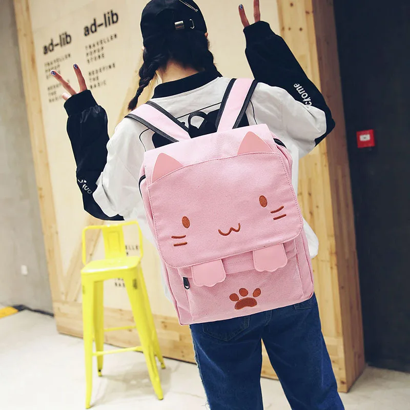 Cute Canvas Backpack Cartoon Cat Embroidery School Bag For Teenage Girls Backpacks Casual Ears Large Bags Pink Mochila XA909H 6