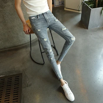 

2019 summer hole jeans male Korean version of the tight men's pants youth stretch feet pants Slim light nine pants